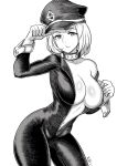  1girl bodysuit boku_no_hero_academia breasts cleavage collarbone cowboy_shot gloves greyscale hat highres large_breasts looking_at_viewer medium_hair monochrome navel no_bra open_mouth peaked_cap redjet shiny shiny_skin simple_background solo unzipped utsushimi_kemii white_background 