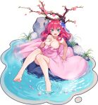  1girl aqua_eyes ark_order artist_request bangs bare_legs bare_shoulders blue_flower blush branch breasts faux_figurine feet flower full_body grass hair_flower hair_ornament highres large_breasts long_hair looking_at_viewer naked_towel no_game_no_life official_art onsen petals petals_on_liquid pink_flower pink_hair rock solo sparkle stephanie_dora tachi-e towel transparent_background water 