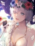  1girl anastasia_(fate) anastasia_(swimsuit_archer)_(fate) bangs bare_shoulders blue_eyes blue_sky blush braid breasts cleavage collarbone doll dress dress_swimsuit fate/grand_order fate_(series) flower_wreath hair_over_one_eye head_wreath ice large_breasts long_hair looking_at_viewer open_mouth parasol seki_(sekixview) silver_hair sky smile twin_braids umbrella very_long_hair viy_(fate) white_dress 