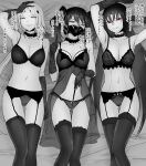  3girls baton_(conducting) bra breasts brown_eyes check_commentary cleavage collarbone commentary commentary_request executioner_(girls&#039;_frontline) garter_belt girls&#039;_frontline gloves green_eyes hair_between_eyes highres hunter_(girls&#039;_frontline) lingerie long_hair looking_at_viewer lying mask medium_breasts mizukamakiri multiple_girls navel on_back panties red_eyes respirator sangvis_ferri scarecrow_(girls&#039;_frontline) spot_color thighhighs translation_request twintails underwear 