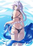  1girl arthur_ko ass bangs bikini black_bikini blue_eyes blue_sarong braid breasts butt_crack commentary_request cowboy_shot from_behind hair_flaps holding kantai_collection long_hair looking_at_viewer looking_back medium_breasts mole mole_under_eye parted_bangs remodel_(kantai_collection) sarong silver_hair single_braid solo swimsuit umikaze_(kancolle) very_long_hair water 