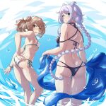  2girls arthur_ko ass bangs bikini black_bikini blue_eyes blue_sarong braid breasts butt_crack commentary_request commission cowboy_shot double_bun feet_out_of_frame from_behind hair_flaps halterneck holding kantai_collection light_brown_hair long_hair looking_at_viewer looking_back medium_breasts michishio_(kancolle) mole mole_under_eye multiple_girls open_mouth parted_bangs remodel_(kantai_collection) sarong short_hair short_twintails side-tie_bikini silver_hair single_braid small_breasts standing string_bikini swimsuit twintails umikaze_(kancolle) very_long_hair water white_bikini 