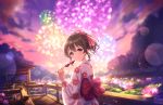  1girl artist_request bangs blush bow brown_hair cloud cloudy_sky eyebrows_visible_through_hair fireworks floral_print flower food fruit hair_bow hair_ornament holding hori_yuko idolmaster idolmaster_cinderella_girls idolmaster_cinderella_girls_starlight_stage japanese_clothes kimono long_sleeves looking_at_viewer obi official_art outdoors ponytail print_kimono red_eyes sash sky smile solo strawberry summer_festival sunlight sunset yukata 