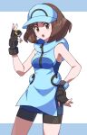  1girl :o ace_trainer_(pokemon) bad_id bad_pixiv_id bangs banned_artist bare_arms bike_shorts blue_headwear breasts brown_eyes brown_gloves brown_hair commentary_request cowboy_shot fingerless_gloves gloves hand_up highres holding holding_poke_ball looking_at_viewer medium_hair nin_(female) open_mouth poke_ball pokemon pokemon_(game) pokemon_sm solo tongue ultra_ball visor_cap zipper_pull_tab 