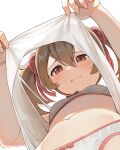  1girl bangs bow bow_bra bow_panties bra breasts brown_hair closed_mouth embarrassed eyebrows_visible_through_hair frown hair_between_eyes hair_ribbon hiroki_(yyqw7151) long_hair looking_at_viewer looking_down midriff navel panties raised_eyebrows red_eyes red_ribbon ribbon see-through see-through_silhouette short_hair silica simple_background small_breasts solo sword_art_online tank_top twintails underwear wavy_mouth white_background white_bra white_panties white_tank_top 