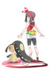  1girl bow_hairband bracelet brown_eyes brown_hair commentary_request fanny_pack from_behind hairband imitating jewelry looking_back mawile may_(pokemon) pokemon pokemon_(creature) pokemon_(game) pokemon_oras satsuki_imonet shorts white_shorts 