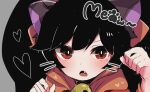  1girl animal_ears ashley_(warioware) bangs black_hair blush cat_ears commentary_request dress english_text fang heart herunia_kokuoji kemonomimi_mode looking_at_viewer open_mouth paw_pose red_dress red_eyes skull solo twintails upper_body warioware 