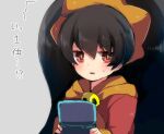  1girl ashley_(warioware) bangs black_hair blush bright_pupils commentary_request dress grey_background hairband handheld_game_console herunia_kokuoji long_hair nintendo nintendo_3ds orange_hairband parted_lips red_dress red_eyes simple_background solo sweatdrop translated twintails upper_body warioware white_pupils witch 