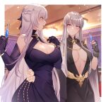  2girls absurdres alcohol azur_lane bangs bare_shoulders belfast_(azur_lane) belfast_(the_noble_attendant)_(azur_lane) black_gloves blush border breasts champagne_flute cleavage cleavage_cutout clothing_cutout cup detached_sleeves dress drinking_glass enterprise_(azur_lane) enterprise_(heroic_finery)_(azur_lane) evening_gown fingerless_gloves gloves hair_ribbon highres indoors large_breasts long_hair looking_at_another multiple_girls official_alternate_costume pnatsu purple_eyes ribbon silver_hair white_border 