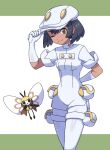  1girl aether_foundation_employee aether_foundation_uniform bad_id bad_pixiv_id bangs banned_artist black_hair breasts closed_mouth commentary_request dark-skinned_female dark_skin eyebrows_visible_through_hair gloves hat highres jumpsuit looking_at_viewer nin_(female) one_eye_closed pantyhose pokemon pokemon_(creature) pokemon_(game) pokemon_sm ribombee short_hair sleeves_rolled_up smile split_mouth white_gloves white_headwear white_jumpsuit 
