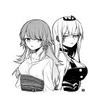  2girls angry_num back-to-back bangs breasts cleavage cleavage_cutout clothing_cutout earrings feather_earrings feathers greyscale hair_behind_ear highres hololive hololive_english jewelry large_breasts looking_to_the_side medium_breasts monochrome mori_calliope multiple_girls parted_lips smile takanashi_kiara tiara upper_body virtual_youtuber 