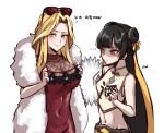  2girls absurdres arch_(meyw4724) black_hair black_survival blonde_hair breast_envy breasts covered_navel crop_top double_bun dress eyewear_on_head highres jenny_sinclair korean_text large_breasts li_dailin long_hair multiple_girls navel red-tinted_eyewear red_dress simple_background small_breasts sunglasses tinted_eyewear translation_request very_long_hair white_background yellow_eyes 