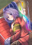  1girl amanoyayuki bangs blurry blurry_background bright_pupils closed_mouth commentary eyebrows_visible_through_hair hand_on_own_chest highres holding holding_needle japanese_clothes kimono long_sleeves looking_at_viewer needle purple_eyes purple_hair red_kimono sash short_hair sitting smile solo sukuna_shinmyoumaru touhou white_pupils wide_sleeves 