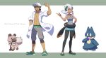  1boy 1girl :d bad_id bad_pixiv_id bangs banned_artist baseball_cap berry burnet_(pokemon) capri_pants character_name clenched_hand coat commentary_request eating eyelashes facial_hair green_footwear grey_shirt hand_in_pocket hand_up hat highres husband_and_wife jewelry kukui_(pokemon) looking_at_viewer munchlax necklace nin_(female) one_eye_closed open_clothes open_coat open_mouth pants pokemon pokemon_(creature) pokemon_(game) pokemon_sm ring rockruff shirt shoes sleeveless sleeveless_shirt sleeves_rolled_up smile standing teeth tongue upper_teeth white_coat white_hair white_headwear yellow_eyes 