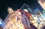  1girl alternate_costume artist_request bangs brown_eyes building city clock clock_tower coat dutch_angle earrings fingernails from_below glasses idolmaster idolmaster_cinderella_girls idolmaster_cinderella_girls_starlight_stage jewelry lamppost lips long_sleeves nail_polish necklace night night_sky official_art outdoors parted_bangs red_hair road sky solo standing street tower traffic_light tree zaizen_tokiko 