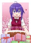  1girl :d absurdres ahoge bangs birthday birthday_cake blush border bow bowtie box cake candle collared_shirt commentary english_commentary english_text eyebrows_visible_through_hair food gift gift_box hair_between_eyes happy happy_birthday heart highres julian looking_at_viewer mahora_academy_middle_school_uniform mahou_sensei_negima! mixed-language_commentary miyazaki_nodoka open_mouth pink_background purple_eyes purple_hair school_uniform shiny shirt short_hair short_sleeves signature smile solo vest white_border white_shirt 