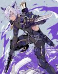  1boy animal_ears armor belt black_gloves bodysuit boots clothing_cutout commentary_request dark-skinned_male dark_skin erune eustace_(granblue_fantasy) foot_out_of_frame gloves granblue_fantasy gun hair_over_one_eye handgun holding holding_gun holding_knife holding_weapon holster knee_pads knife looking_at_viewer male_focus pistol short_hair skin_tight solo squatting sumeshi_(ginshari40) weapon weapon_on_back white_hair 