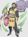  1boy 5-en apex_legends ariados beard black_eyes black_footwear black_pants boots brown_hair caustic_(apex_legends) clenched_hand crossover facial_hair gloves goggles green_eyes grey_background hair_behind_ear highres oddish open_hand pants poke_ball poke_ball_(basic) pokemon pokemon_(creature) trait_connection twitter_username weezing yellow_gloves 