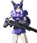  1girl bangs black_gloves blue_hair blue_leotard brown_eyes elbow_gloves expressionless gloves gun head_tilt highres hirai_hisashi_(style) holding holding_gun holding_weapon idolmaster idolmaster_million_live! jurarumin_hrairoo kisaragi_chihaya leotard mecha_musume parody rifle science_fiction sniper_rifle solo style_parody trigger_discipline weapon 