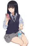  1girl artist_name black_hair blush bottle brown_eyes cellphone holding holding_phone long_hair mattaku_mousuke miniskirt original phone school_uniform sitting skirt smartphone solo sweater_vest water_bottle watermark white_background 