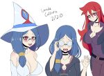  3girls blue_hair breasts character_name choker cleavage closed_mouth collarbone commentary dated english_commentary eyebrows_visible_through_hair glasses hat highres large_breasts leotard little_witch_academia long_hair looking_at_viewer multiple_girls open_mouth red_eyes red_hair shiny_chariot spoilers tongue ursula_charistes white_headwear white_leotard young_savage 