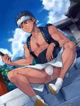  1boy abs black_hair bulge cloud covered_navel day fundoshi headband highres holding holding_phone japanese_clothes jewelry large_pectorals male_focus muscular muscular_male navel necklace nipples original outdoors pectorals phone short_hair sitting sky solo torakichi_(ebitendon) twitter_username white_headband 