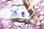  bad_id bad_pixiv_id banned_artist blurry cherry_blossoms commentary_request light_rays nihilego nin_(female) no_humans petals poipole pokemon pokemon_(creature) smile tree ultra_beast white_background 