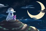  bad_id bad_pixiv_id banned_artist cloud commentary_request crescent_moon holding kneeling moon night nihilego nin_(female) no_humans outdoors poipole pokemon pokemon_(creature) rock sky star_(sky) ultra_beast 