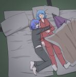  2girls barefoot black_pants black_shirt blue_hair closed_eyes commentary english_text expressive_clothes futon highres lying mata_(matasoup) messy_sleeper midriff_peek miyako_yoshika multiple_girls ofuda on_back open_mouth pajamas pants pillow red_pants red_shirt shirt sleeping socks tatara_kogasa touhou umbrella zzz 