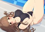  1girl alternate_hairstyle black_swimsuit breasts brown_hair character_name collarbone competition_swimsuit covered_nipples crossed_arms dutch_angle groin highleg highleg_swimsuit idolmaster idolmaster_cinderella_girls kamiya_nao large_breasts long_hair looking_at_viewer lying mizuki_makoto one-piece_swimsuit red_eyes solo swimsuit 