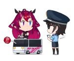 2girls annoyed bangs blue_eyes blue_headwear blue_shirt blue_skirt brown_hair bus chibi collared_shirt commentary dasdokter english_commentary ground_vehicle hair_behind_ear hat heterochromia highres hololive hololive_english horns irys_(hololive) long_hair looking_to_the_side motor_vehicle multiple_girls multiple_horns oozora_subaru pink_eyes pink_hair police police_hat road_sign shirt sign skirt stop_sign sunglasses thighhighs virtual_youtuber 