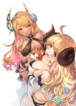  2girls absurdres ahoge anila_(granblue_fantasy) bangs bikini blonde_hair blush breasts cleavage commentary_request cowboy_shot dark-skinned_female dark_skin draph eyebrows_behind_hair from_above gradient_hair granblue_fantasy highres horn_ornament horn_ribbon horns kumbhira_(granblue_fantasy) large_breasts layered_bikini long_hair looking_at_viewer mayusaki_yuu multicolored_hair multiple_girls open_mouth owlcat pointy_ears post_guild_war_celebration ribbon sheep_horns shiny shiny_hair short_eyebrows standing swept_bangs swimsuit thick_eyebrows wavy_hair white_background yellow_eyes 