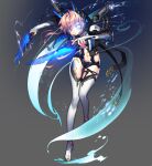 1girl armor blue_eyes blue_flower blue_rose floral_print flower full_body glowing glowing_eyes holding holding_sword holding_weapon looking_at_viewer mecha_musume multiple_weapons official_art pika_(kai9464) pink_hair queen_(soccer_spirits) rose rose_print short_hair soccer_spirits stomach sword tattoo thighhighs weapon 