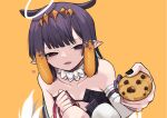  1girl angry_num bangs black_dress black_nails blush chocolate_chip_cookie collarbone cookie detached_sleeves dress flat_chest food foreshortening half-closed_eyes halo highres holding holding_cookie holding_food holding_leash hololive hololive_english leash looking_at_viewer mole ninomae_ina&#039;nis open_mouth pointy_ears purple_eyes purple_hair sharing_food simple_background single_detached_sleeve smile solo strapless strapless_dress tentacle_hair tube_dress virtual_youtuber yellow_background 