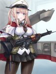  1girl battle_rifle black_gloves black_legwear black_skirt blonde_hair blue_eyes blush breasts capelet cowboy_shot dagger em_s eyebrows_visible_through_hair fg42 gloves graf_zeppelin_(kancolle) gun hair_between_eyes hat highres holding holding_gun holding_weapon kantai_collection knife large_breasts long_hair long_sleeves machinery military military_uniform open_mouth pantyhose peaked_cap pleated_skirt rifle rigging sidelocks skirt solo turret twintails uniform weapon white_headwear 