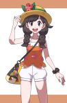  1girl :d bad_id bad_pixiv_id bag bangs banned_artist bracelet braid brown_hair collarbone commentary_request eyelashes floral_print flower green_ribbon grey_eyes hand_on_headwear hand_up hat hat_flower hat_ribbon highres jewelry looking_at_viewer nin_(female) open_mouth orange_shirt pokemon pokemon_(game) pokemon_usum ribbon selene_(pokemon) shirt shorts shoulder_bag sleeveless sleeveless_shirt smile solo teeth tongue twin_braids upper_teeth white_shorts yellow_bag yellow_headwear z-ring 