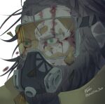  1boy 5-en apex_legends beard blood blood_on_face broken_goggles brown_hair caustic_(apex_legends) facial_hair gas_mask goggles green_eyes hair_behind_ear looking_ahead male_focus mask mouth_mask realistic solo twitter_username white_background 