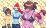  1other 2girls :d abs artist_name bad_anatomy bikini black_bikini blue_bra blue_skin bra brown_hair chief_undyne closed_eyes colored_skin commentary deltarune dumbbell facing_viewer floral_background furry furry_female genderswap genderswap_(otm) grin hair_over_eyes hair_over_one_eye hand_on_hip highres kris_(deltarune) laughing multiple_girls muscular muscular_female navel open_mouth ponytail pugthe2ro red_hair sharp_teeth shorts smile susie_(deltarune) sweat swimsuit teeth toned undertale underwear undyne 