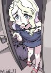 1girl absurdres alternate_costume bag blue_eyes blue_shirt blush blush_stickers casual dated diana_cavendish door doorknob doorway embarrassed green_hair highres holding indoors light_green_hair little_witch_academia long_hair mmmmpymm multicolored_hair no_pants open_door open_mouth opening_door oversized_clothes oversized_shirt plastic_bag sandals shirt short_sleeves solo sweat sweatdrop t-shirt two-tone_hair 