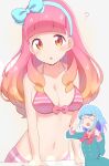  &gt;_&lt; &gt;o&lt; 2girls :d ? aikatsu!_(series) aikatsu_friends! bangs bikini blue_bow blue_hair blunt_bangs blush bow breasts cleavage eyebrows_visible_through_hair gradient_hair hairband highres large_breasts long_hair looking_at_viewer minato_mio mukuba multicolored_hair multiple_girls navel open_mouth orange_eyes orange_hair parted_lips pink_bikini pink_hair purple_hair short_hair smile swimsuit xd yuuki_aine 