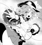  1girl airplane_arms breasts cowboy_shot fifiruu foreshortening frilled_shirt_collar frilled_sleeves frills greyscale hat hat_ribbon komeiji_koishi lens_flare light_particles medium_breasts monochrome outstretched_arms ribbon short_hair solo spread_arms third_eye touhou wavy_hair wide_sleeves 