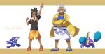  2boys ;d arm_up bad_id bad_pixiv_id banned_artist belt blue_shirt coat collarbone commentary_request crabrawler crossed_arms dark-skinned_male dark_skin facial_hair floral_print grandfather_and_grandson grey_hair grin hala_(pokemon) hau_(pokemon) highres long_sleeves looking_at_viewer male_focus multiple_boys mustache nin_(female) one_eye_closed open_clothes open_coat open_mouth orange_footwear orange_shorts pokemon pokemon_(creature) pokemon_(game) pokemon_sm popplio sandals shirt shoes short_hair shorts smile spread_fingers standing teeth toes tongue upper_teeth white_belt white_shorts yellow_coat 