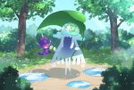  :d bad_id bad_pixiv_id banned_artist closed_eyes commentary_request day grass holding holding_leaf leaf nihilego nin_(female) no_humans open_mouth outdoors poipole pokemon pokemon_(creature) puddle sky smile tree ultra_beast water 