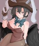  1girl animal_ears aqua_bow aqua_bowtie arm_support bad_anatomy bare_shoulders black_hair black_legwear black_wings blush bow bowtie breasts brown_gloves cleavage closed_mouth covered_navel cowboy_shot detached_collar expressionless fake_animal_ears fe_(tetsu) feathered_wings gloves hair_between_eyes hand_up highres kurokoma_saki large_breasts leotard long_hair looking_at_viewer outline pantyhose pegasus_wings playboy_bunny rabbit_ears red_eyes sitting solo strapless strapless_leotard thighs touhou white_outline wings 