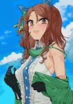  1girl :d animal_ears armpit_crease bangs bare_shoulders black_gloves blue_sky blush breasts brown_hair center_frills cloud collared_shirt commentary_request day eyebrows_behind_hair frills geppewi gloves green_jacket hair_between_eyes highres horse_ears jacket king_halo_(umamusume) long_hair long_sleeves looking_at_viewer medium_breasts o-ring off_shoulder one_side_up open_clothes open_jacket open_mouth outdoors parted_bangs red_eyes shirt sky sleeveless sleeveless_shirt smile solo umamusume upper_body white_shirt 