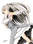  1girl akino_shuu armpits breasts brown_eyes conte_di_cavour_(kancolle) dress eyebrows_visible_through_hair feet_out_of_frame gloves grey_hair kantai_collection large_breasts layered_dress long_hair simple_background solo twitter_username two-tone_dress white_background white_dress white_gloves 