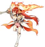  1girl ark_order armored_boots bangs black_cape black_gloves black_legwear boots bow breasts cape dress fingerless_gloves fire fire_hair_ornament flaming_sword flaming_weapon full_body gloves hair_bow hand_on_hip high_ponytail holding holding_sword holding_weapon k_suke_(weibo) kneehighs large_breasts long_hair looking_at_viewer official_art one_eye_closed pink_skirt prometheus_(ark_order) red_eyes red_hair skirt smile solo sword tachi-e transparent_background very_long_hair weapon white_bow white_footwear 