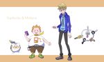  2boys bad_id bad_pixiv_id bangs banned_artist belt black_eyes blonde_hair blue_shirt blush_stickers brown_pants cellphone character_name closed_mouth commentary_request electrode_(pokemon) glasses green_footwear grey_belt grey_footwear highres holding holding_phone holding_poke_ball jacket klefki male_focus molayne_(pokemon) multiple_boys nin_(female) open_clothes open_jacket open_mouth orange_hair pants phone poke_ball poke_ball_(basic) pokemon pokemon_(creature) pokemon_(game) pokemon_sm scarf shirt shoes short_hair short_sleeves smile sophocles_(pokemon) standing t-shirt themed_object togedemaru white_shirt yellow_scarf 