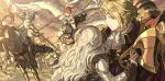  1boy 3girls animal arm_around_waist armor banner barding battle battlefield black_armor black_hairband blonde_hair blue_hair brown_gloves buckler cape cavalry charging_forward circlet closed_mouth cloud commentary_request corrin_(fire_emblem) corrin_(fire_emblem)_(female) dated_commentary day emblem fire fire_emblem fire_emblem_fates flag flagpole floating_hair garter_straps gauntlets gloves gold_trim gradient_hair greaves group_battle hairband harusame_(rueken) hinoka_(fire_emblem) holding holding_another&#039;s_wrist holding_polearm holding_shield holding_weapon horse horseback_riding knight lance long_hair looking_at_another looking_to_the_side multicolored_hair multiple_girls naginata open_mouth orange_sky outdoors pauldrons pegasus pegasus_knight_uniform_(fire_emblem) peri_(fire_emblem) plate_armor polearm purple_hair red_cape red_gloves red_hair reins riding saddle shield shiny shiny_hair short_hair shoulder_armor silver_hair sky soldier standing sunrise thighhighs upper_body war weapon xander_(fire_emblem) 