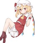  1girl ascot bangs blonde_hair bloomers blush boots bow brown_footwear closed_mouth commentary crystal eyebrows_visible_through_hair flandre_scarlet flat_chest floating frilled_shirt_collar frills full_body hair_between_eyes hand_up hat hat_bow highres light_smile looking_at_viewer mob_cap one_side_up red_bow red_eyes red_skirt red_vest short_hair simple_background skirt solo subaritsuku touhou underwear vest white_background white_headwear wings wrist_cuffs yellow_ascot 